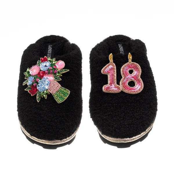 Laines London Teddy Closed Toe Slippers With 18th Birthday & Flowers Brooches