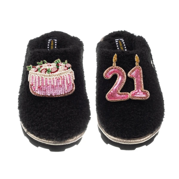 Laines London Teddy Closed Toe Slippers With 21st Birthday & Cake Brooches