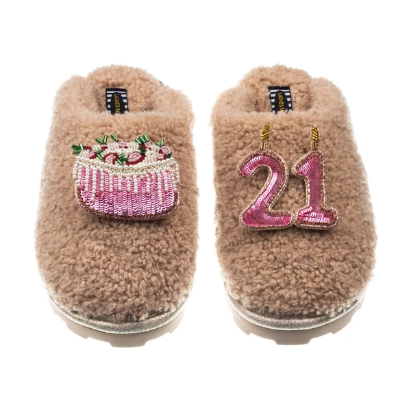 Laines London Teddy Closed Toe Slippers With 21st Birthday & Cake Brooches