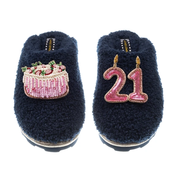 Laines London Teddy Closed Toe Slippers With 21st Birthday & Cake Brooches