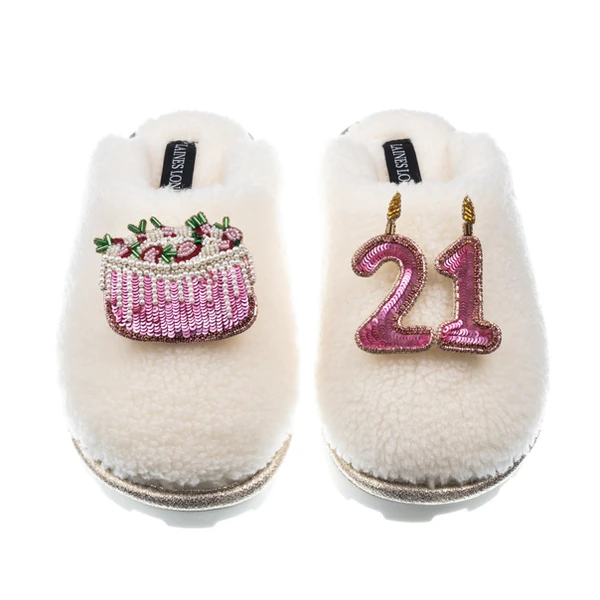 laines london Teddy Closed Toe Slippers With 21st Birthday & Cake Brooches