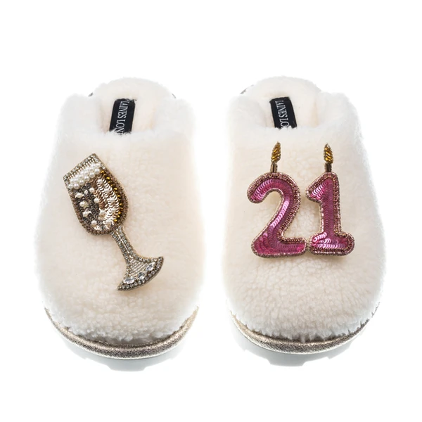 Laines London Teddy Closed Toe Slippers With 21st Birthday & Champagne Glass Brooches