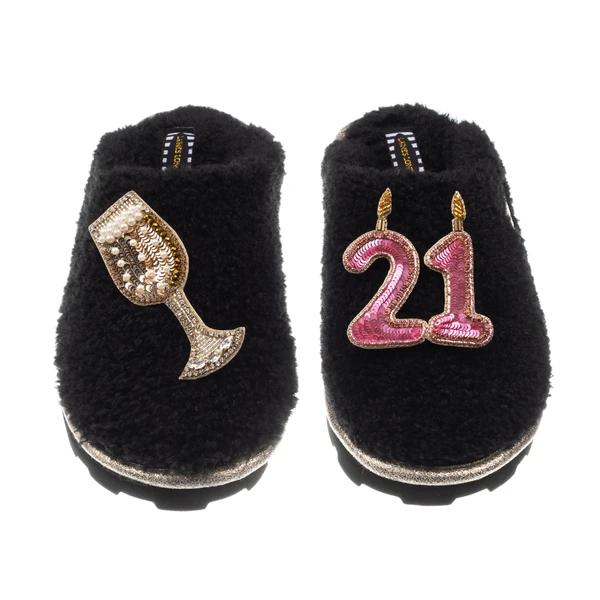 Laines London Teddy Closed Toe Slippers With 21st Birthday & Champagne Glass Brooches