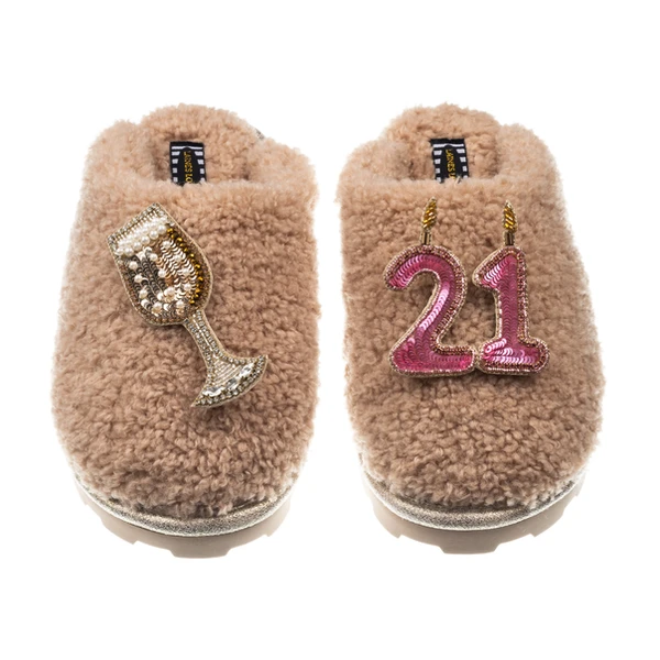 Laines London Teddy Closed Toe Slippers With 21st Birthday & Champagne Glass Brooches