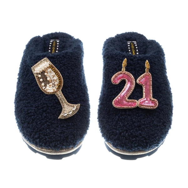 laines london Teddy Closed Toe Slippers With 21st Birthday & Champagne Glass Brooches