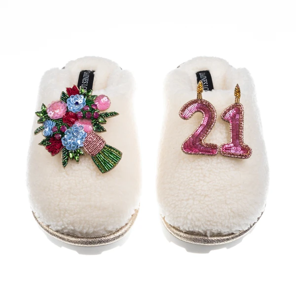 Laines London Teddy Closed Toe Slippers With 21st Birthday & Flowers Brooches