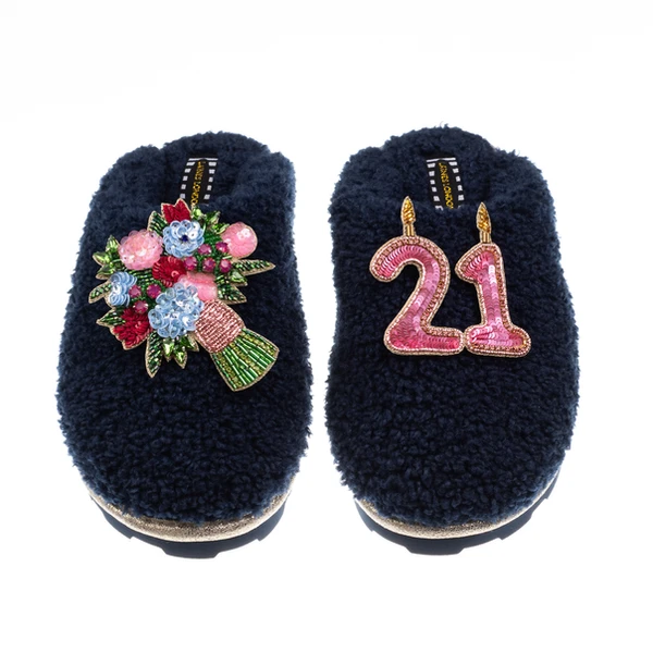Laines London Teddy Closed Toe Slippers With 21st Birthday & Flowers Brooches