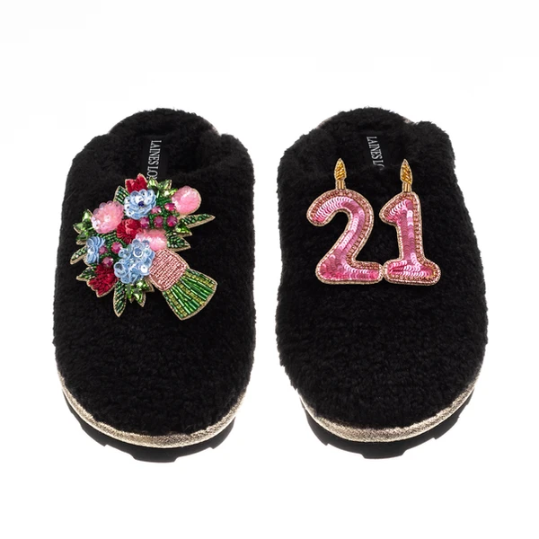 laines london Teddy Closed Toe Slippers With 21st Birthday & Flowers Brooches