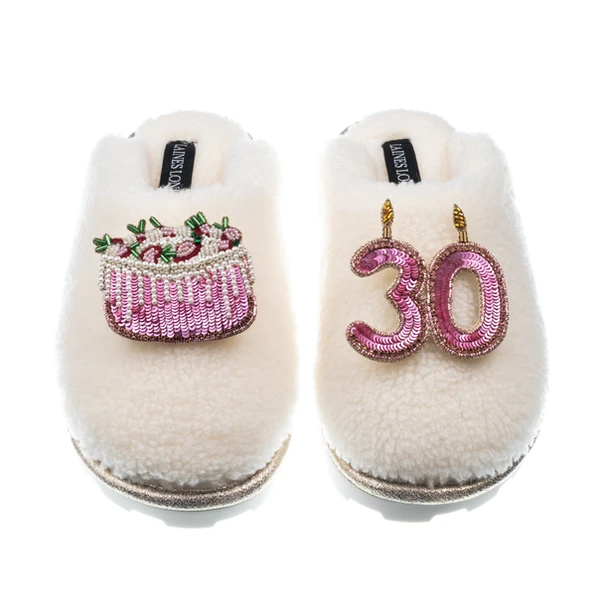 Laines London Teddy Closed Toe Slippers With 30th Birthday & Cake Brooches