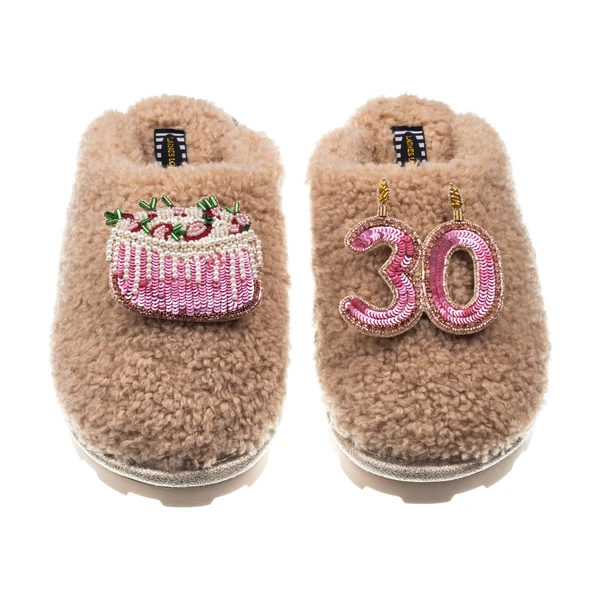 Laines London Teddy Closed Toe Slippers With 30th Birthday & Cake Brooches