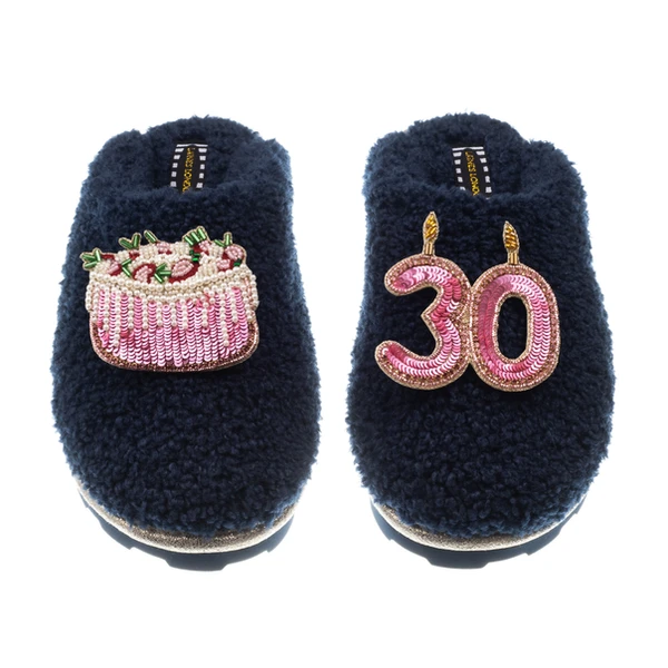 Laines London Teddy Closed Toe Slippers With 30th Birthday & Cake Brooches