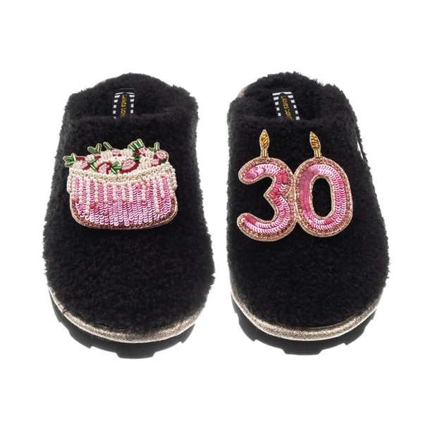 laines london Teddy Closed Toe Slippers With 30th Birthday & Cake Brooches