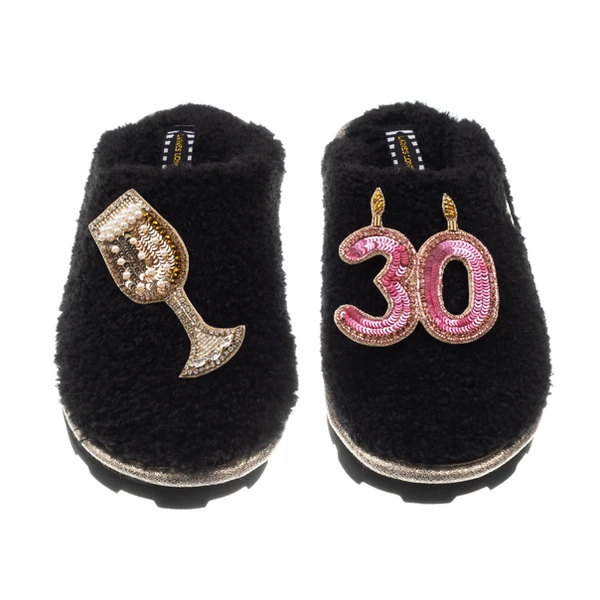 Laines London Teddy Closed Toe Slippers With 30th Birthday & Champagne Glass Brooches
