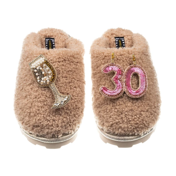 Laines London Teddy Closed Toe Slippers With 30th Birthday & Champagne Glass Brooches