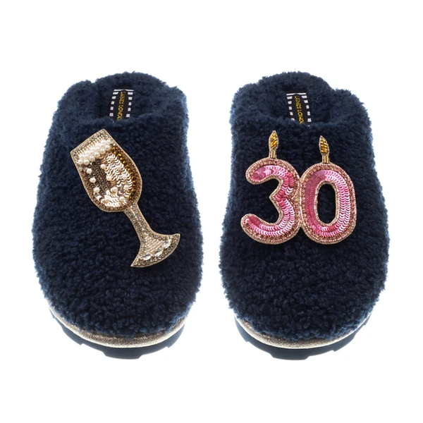 Laines London Teddy Closed Toe Slippers With 30th Birthday & Champagne Glass Brooches