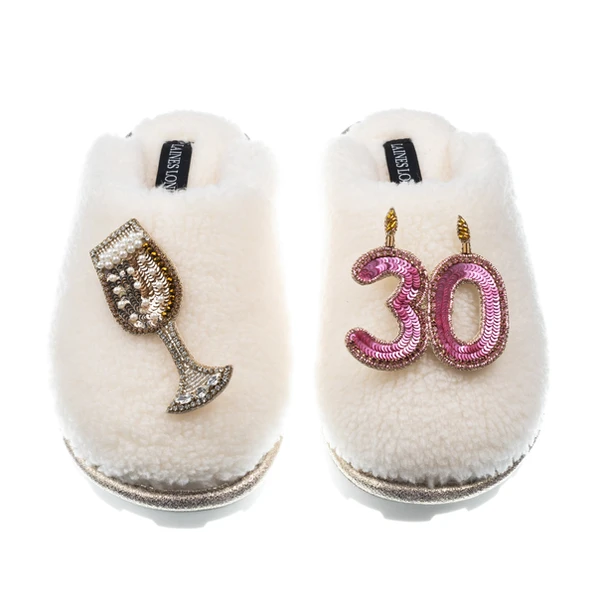 laines london Teddy Closed Toe Slippers With 30th Birthday & Champagne Glass Brooches