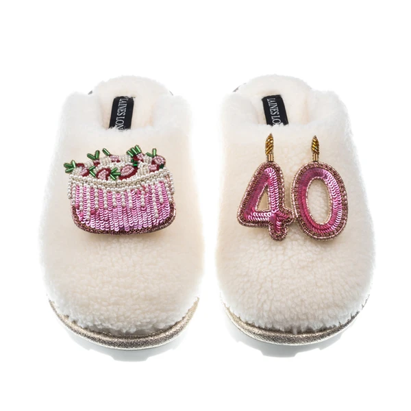 Laines London Teddy Closed Toe Slippers With 40th Birthday & Cake Brooches