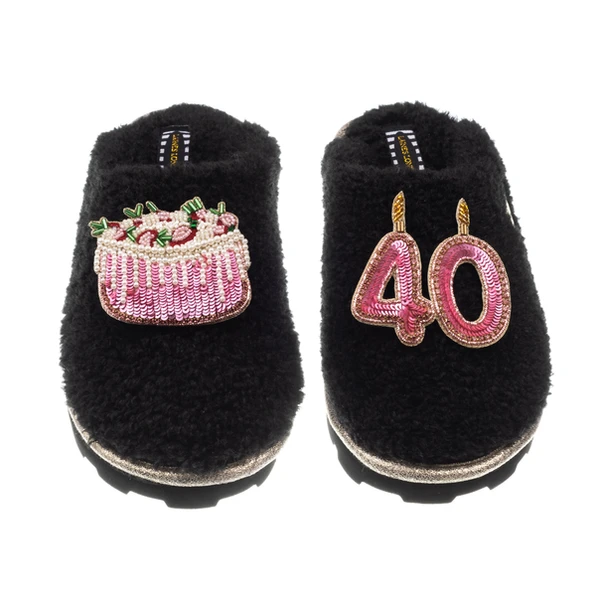 Laines London Teddy Closed Toe Slippers With 40th Birthday & Cake Brooches