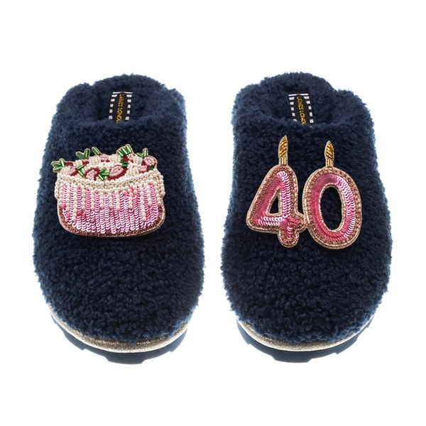 Laines London Teddy Closed Toe Slippers With 40th Birthday & Cake Brooches