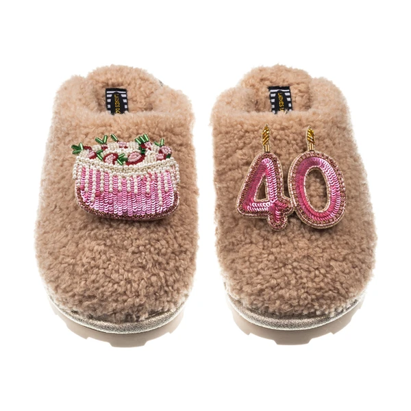 laines london Teddy Closed Toe Slippers With 40th Birthday & Cake Brooches