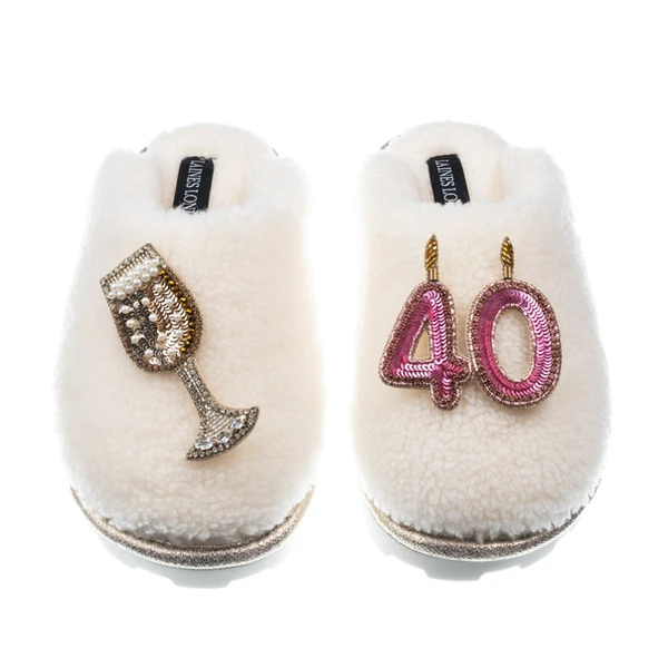 Laines London Teddy Closed Toe Slippers With 40th Birthday & Champagne Glass Brooches
