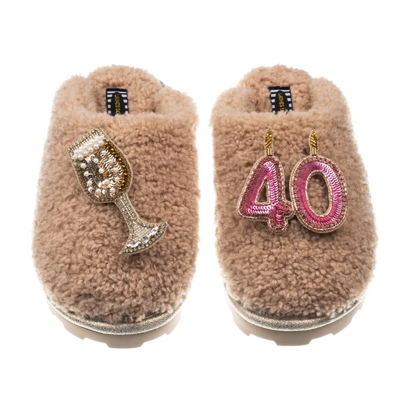 Laines London Teddy Closed Toe Slippers With 40th Birthday & Champagne Glass Brooches