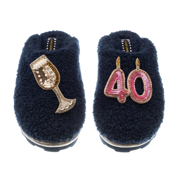 Laines London Teddy Closed Toe Slippers With 40th Birthday & Champagne Glass Brooches