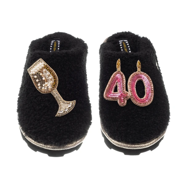 laines london Teddy Closed Toe Slippers With 40th Birthday & Champagne Glass Brooches