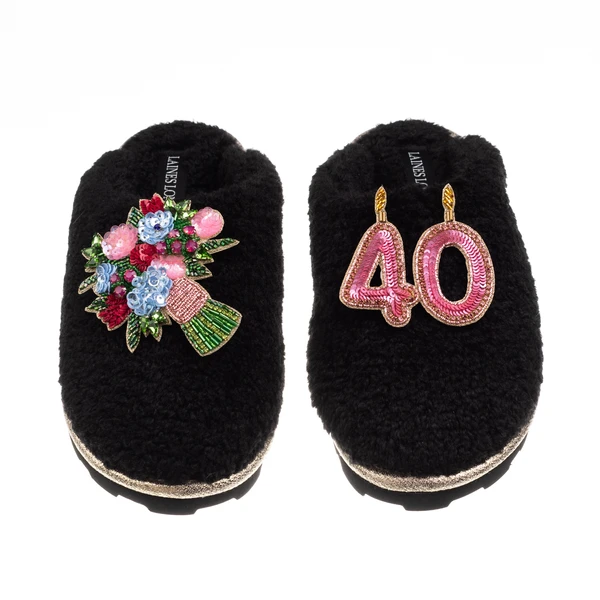 Laines London Teddy Closed Toe Slippers With 40th Birthday & Flowers Brooches