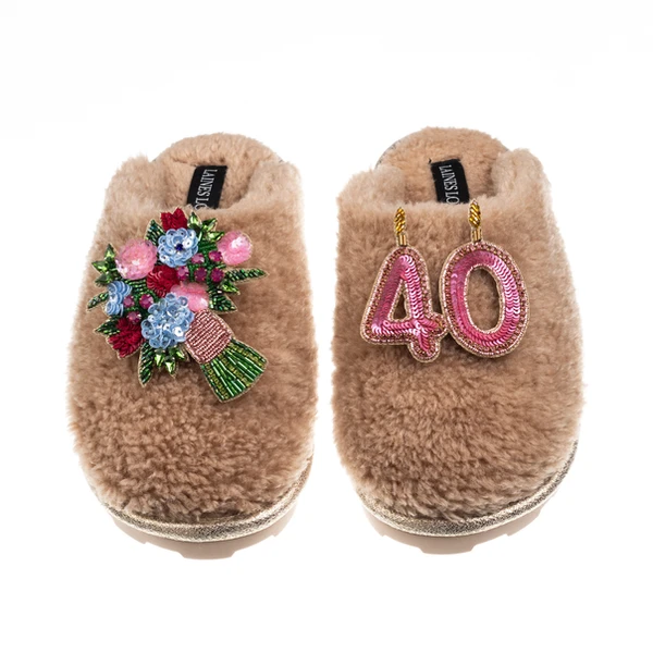 Laines London Teddy Closed Toe Slippers With 40th Birthday & Flowers Brooches