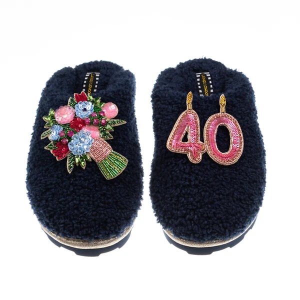 laines london Teddy Closed Toe Slippers With 40th Birthday & Flowers Brooches