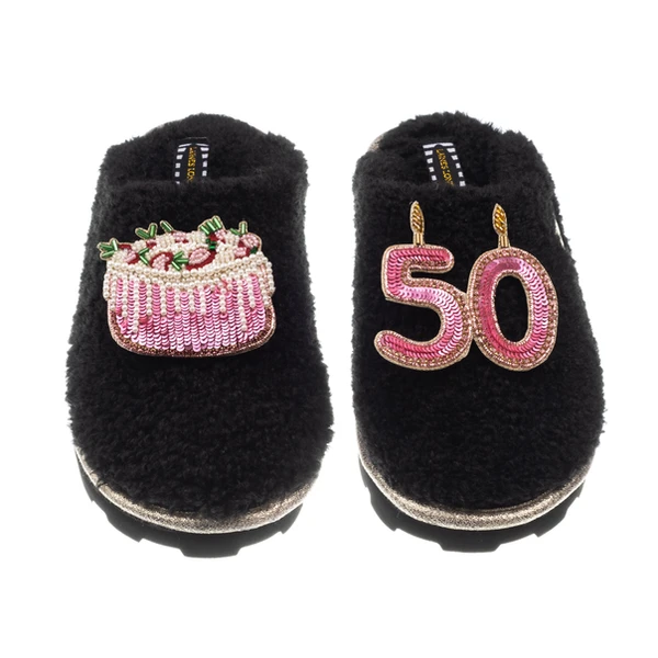 Laines London Teddy Closed Toe Slippers With 50th Birthday & Cake Brooches