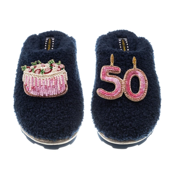 laines london Teddy Closed Toe Slippers With 50th Birthday & Cake Brooches