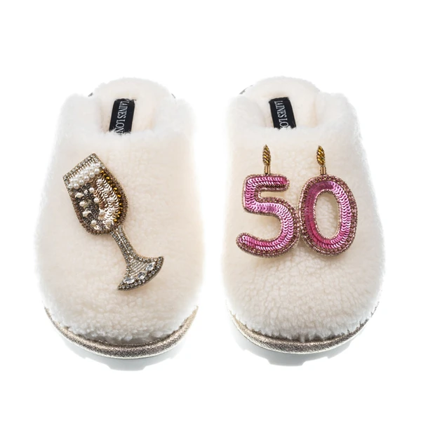 Laines London Teddy Closed Toe Slippers With 50th Birthday & Champagne Glass Brooches