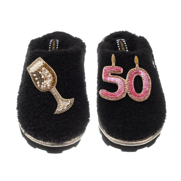 Laines London Teddy Closed Toe Slippers With 50th Birthday & Champagne Glass Brooches