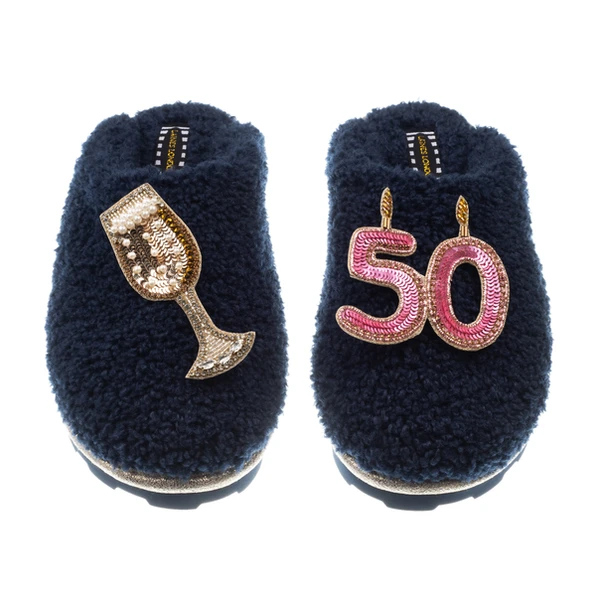 Laines London Teddy Closed Toe Slippers With 50th Birthday & Champagne Glass Brooches