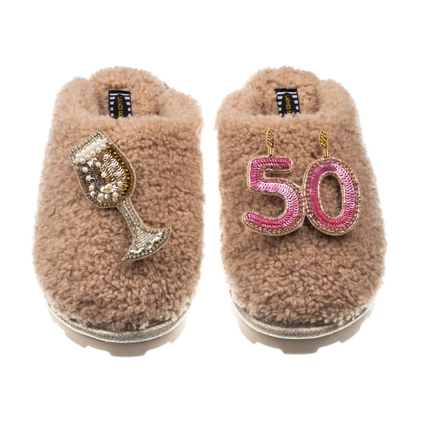 laines london Teddy Closed Toe Slippers With 50th Birthday & Champagne Glass Brooches