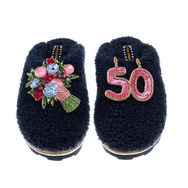 Laines London Teddy Closed Toe Slippers With 50th Birthday & Flowers Brooches
