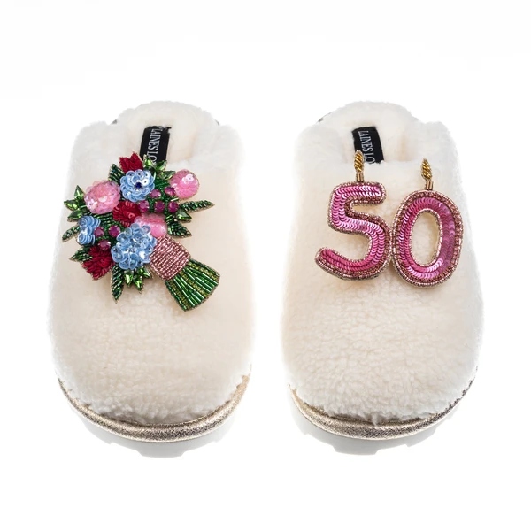 Laines London Teddy Closed Toe Slippers With 50th Birthday & Flowers Brooches