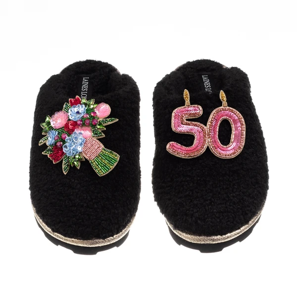 Laines London Teddy Closed Toe Slippers With 50th Birthday & Flowers Brooches