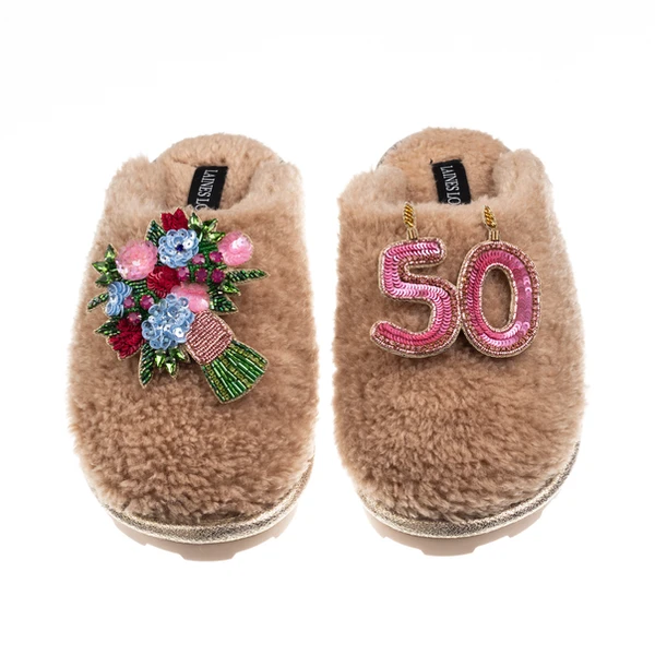laines london Teddy Closed Toe Slippers With 50th Birthday & Flowers Brooches