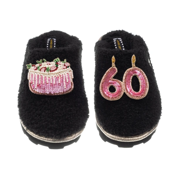 Laines London Teddy Closed Toe Slippers With 60th Birthday & Cake Brooches