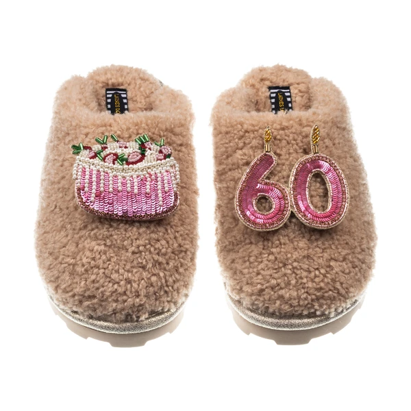 Laines London Teddy Closed Toe Slippers With 60th Birthday & Cake Brooches
