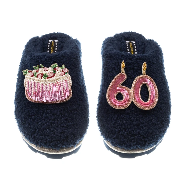 Laines London Teddy Closed Toe Slippers With 60th Birthday & Cake Brooches