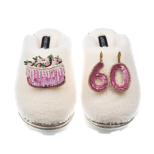 laines london Teddy Closed Toe Slippers With 60th Birthday & Cake Brooches
