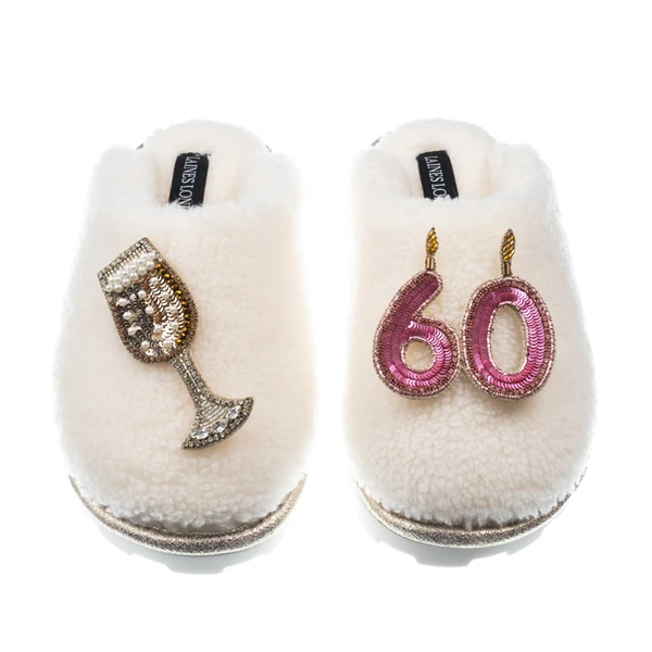 Laines London Teddy Closed Toe Slippers With 60th Birthday & Champagne Glass Brooches