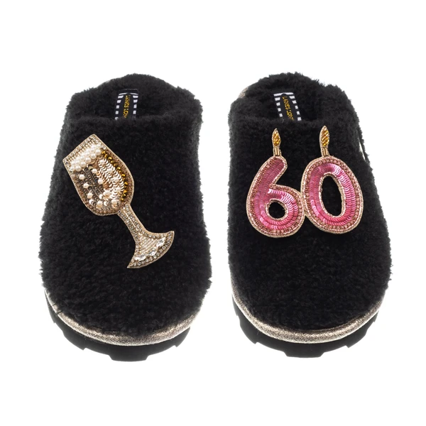 Laines London Teddy Closed Toe Slippers With 60th Birthday & Champagne Glass Brooches