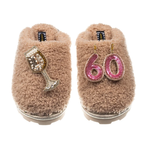 Laines London Teddy Closed Toe Slippers With 60th Birthday & Champagne Glass Brooches