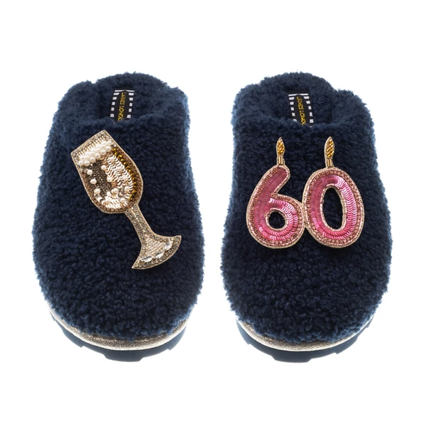 laines london Teddy Closed Toe Slippers With 60th Birthday & Champagne Glass Brooches