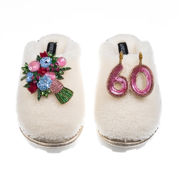 Laines London Teddy Closed Toe Slippers With 60th Birthday & Flowers Brooches